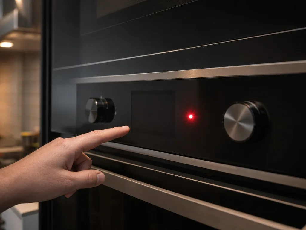 Close-up of an appliance control panel displaying a blinking fault indicator