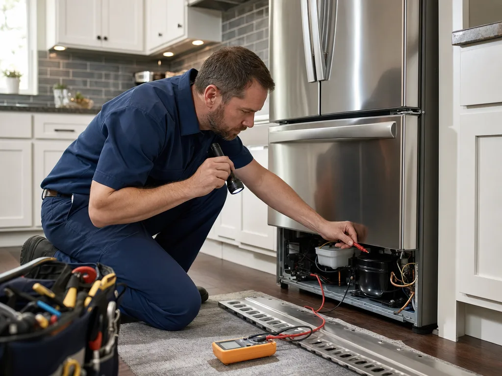 Technician closely diagnosing a kitchen appliance to identify the problem
