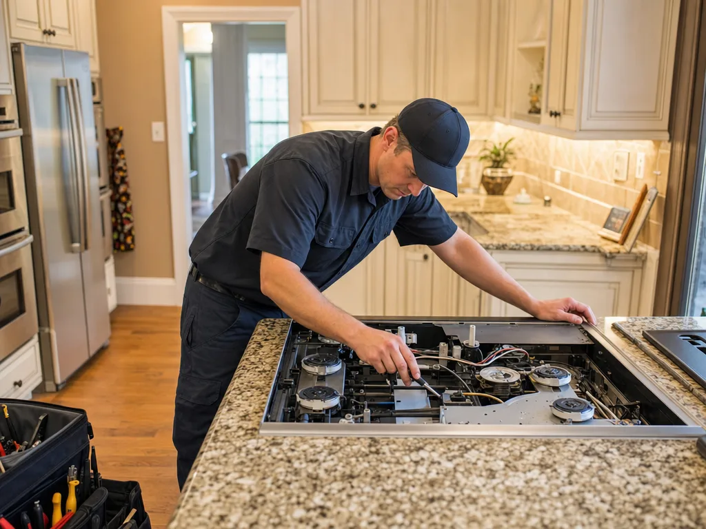 Technician servicing a kitchen appliance in an Anaheim home