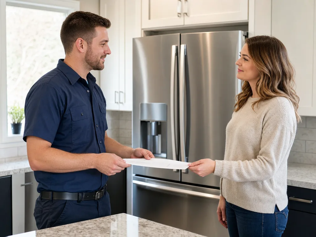 Technician handing a homeowner a written repair estimate in their kitchen