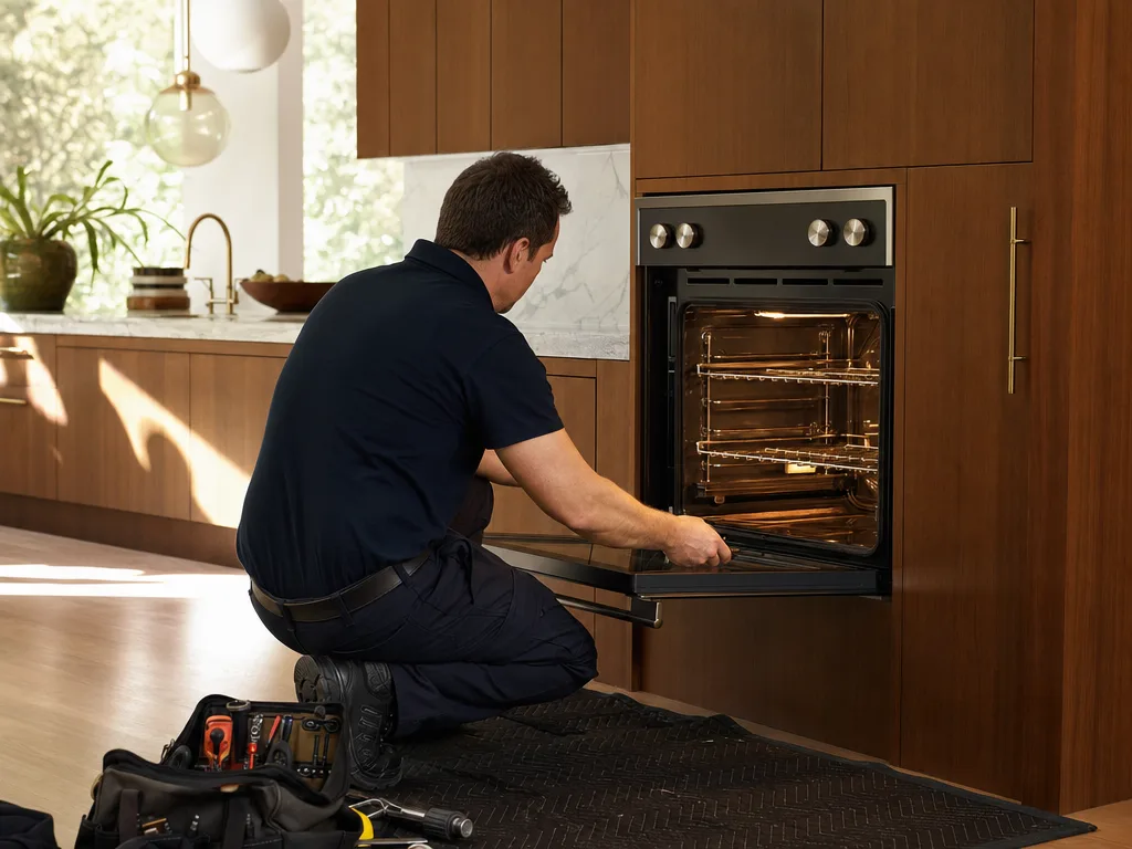 Technician repairing a built-in oven in a Costa Mesa home kitchen