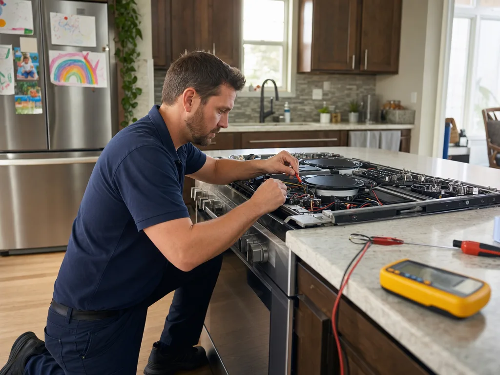 Technician servicing an appliance in a Fountain Valley family kitchen