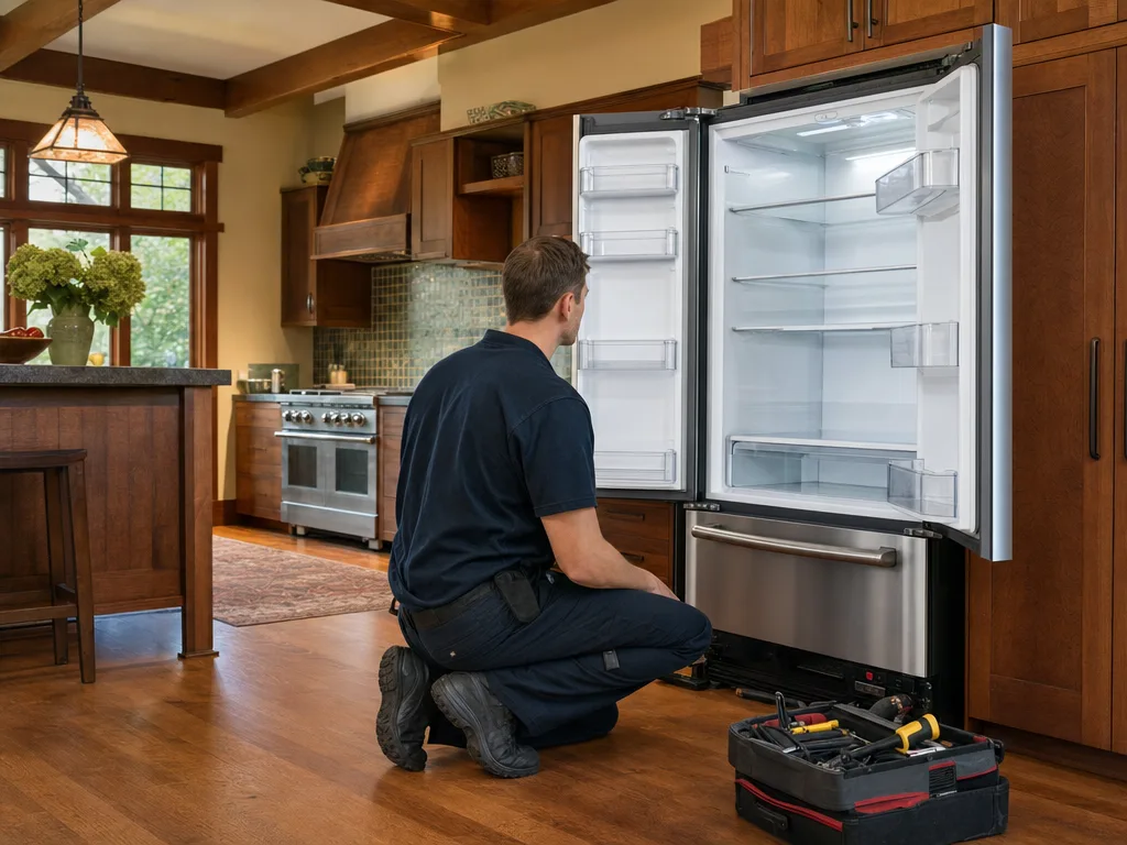 Technician repairing a kitchen appliance in a Fullerton craftsman-style home