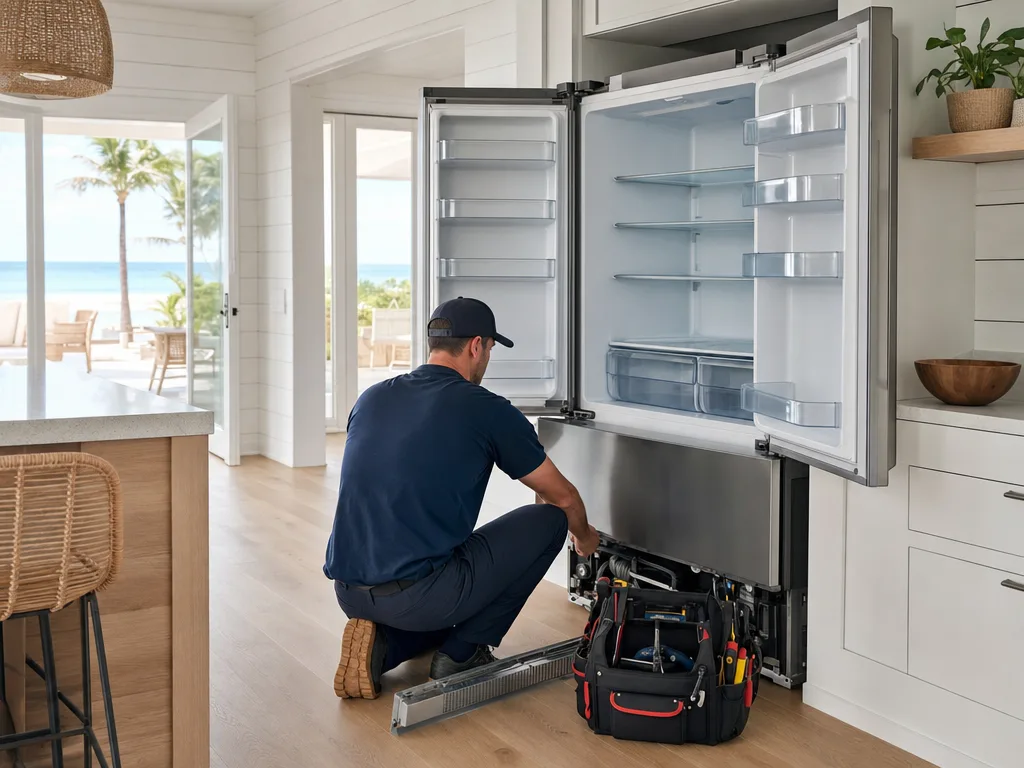 Technician servicing a refrigerator in a Huntington Beach home