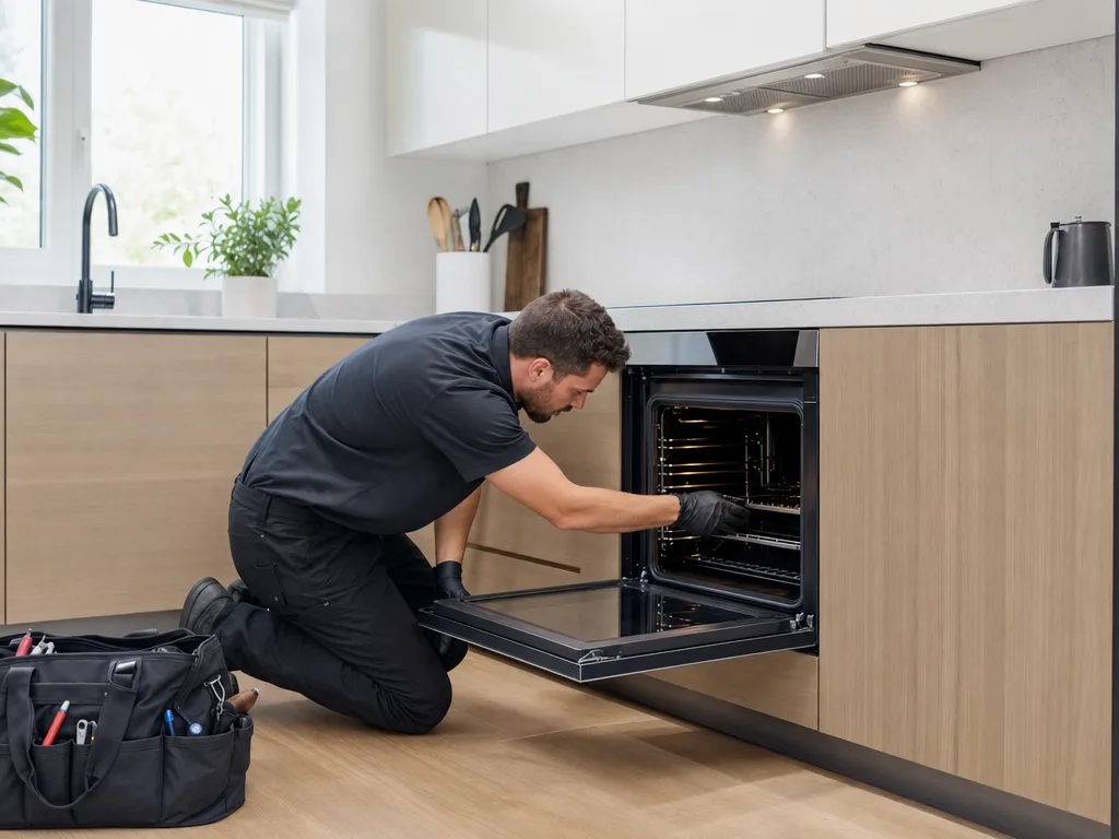 Technician servicing a kitchen appliance in a modern Irvine home