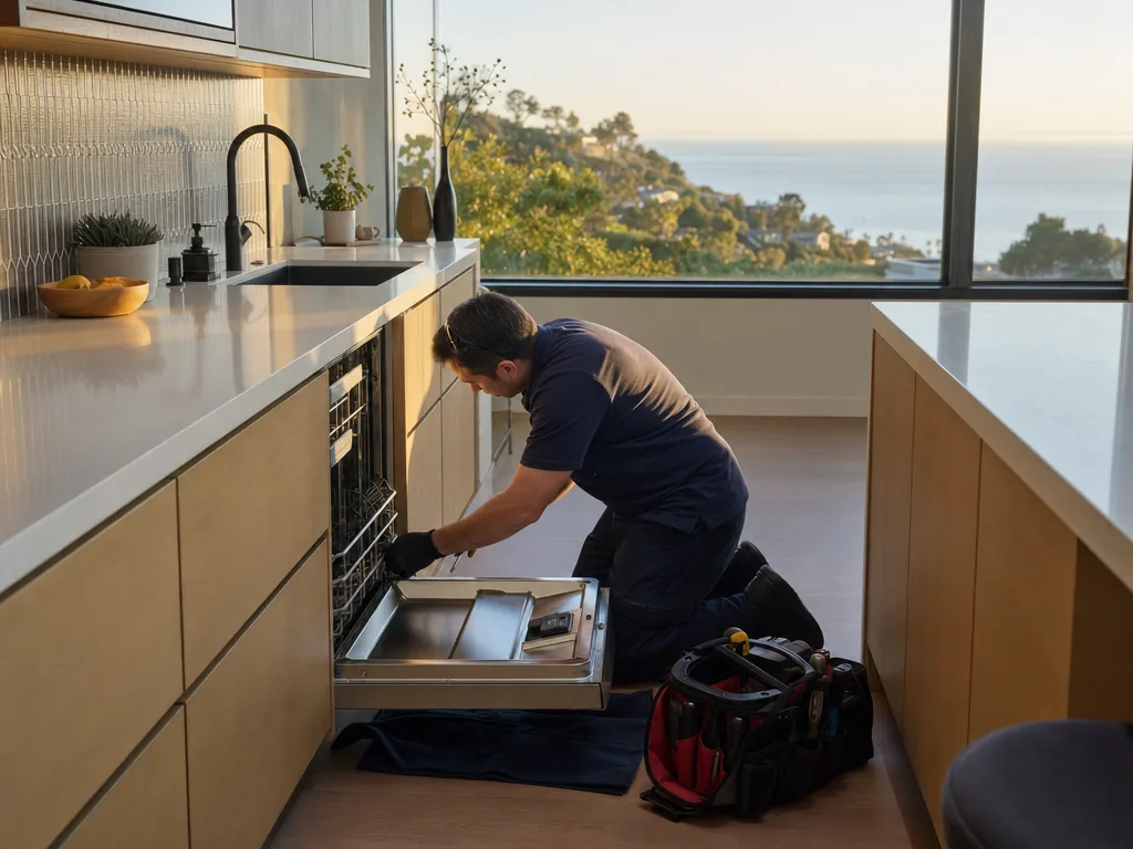 Technician repairing a built-in appliance in a Laguna Beach hillside home