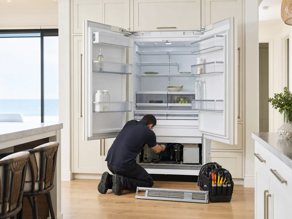 Technician repairing a built-in refrigerator in a Newport Beach coastal kitchen