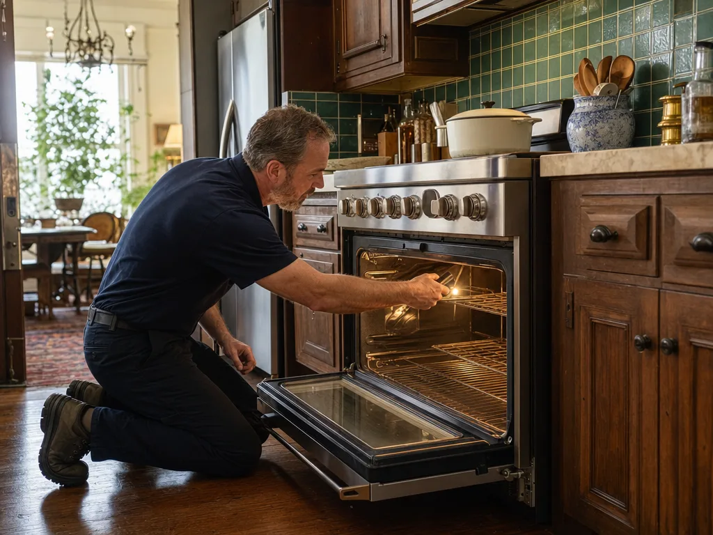Technician repairing a kitchen appliance in a historic Old Towne Orange home