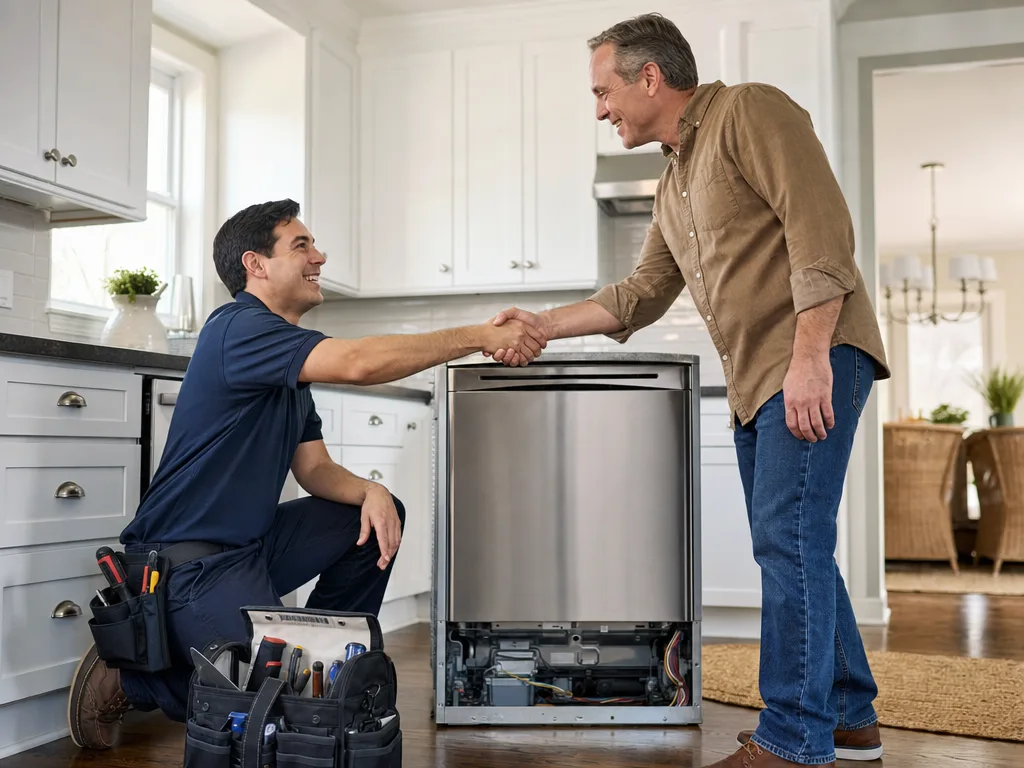 Satisfied homeowner and technician after a completed appliance repair