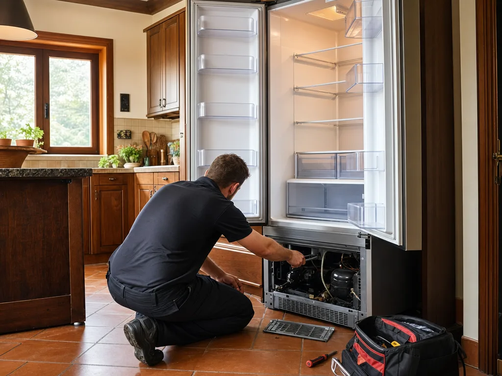 Technician repairing an appliance in a Santa Ana home kitchen