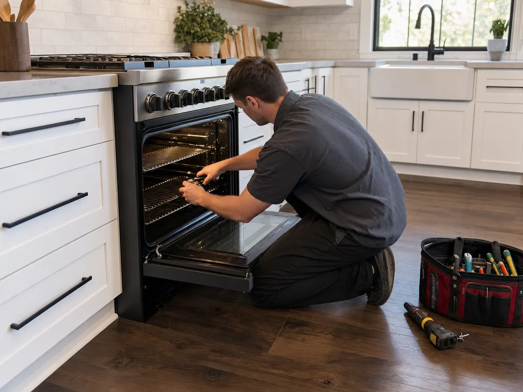 Technician servicing a built-in appliance in a Tustin home