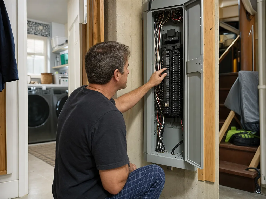 Homeowner checking a circuit breaker panel before calling a repair technician