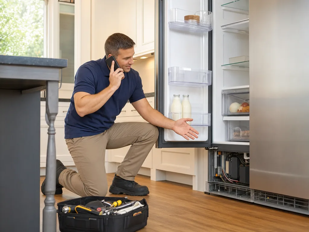 Technician on a phone call while inspecting a kitchen appliance