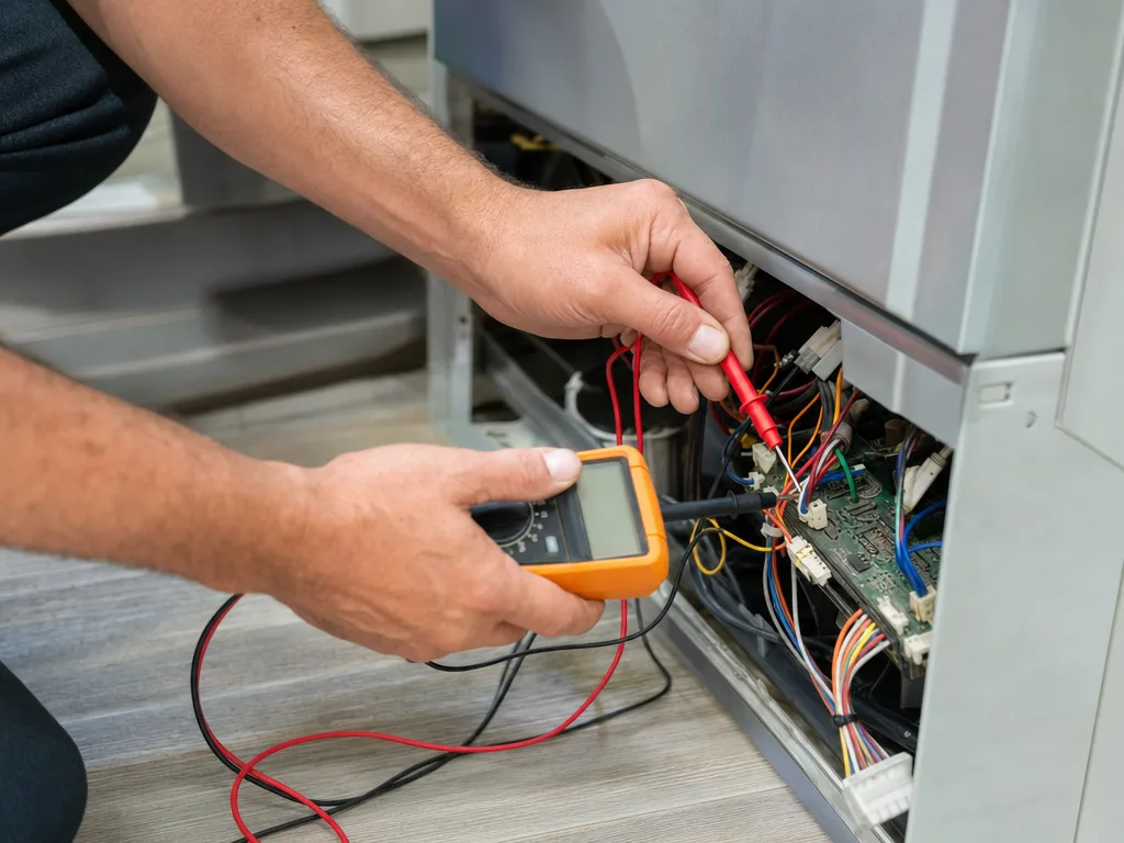 Technician using a multimeter to troubleshoot an appliance's wiring