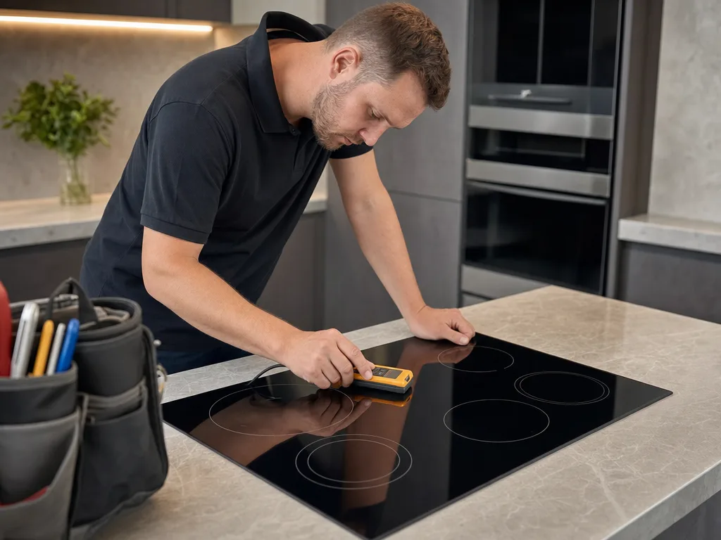 Wolf Continuous sparking with knobs off &mdash; Technician testing an induction cooktop element with a diagnostic tool