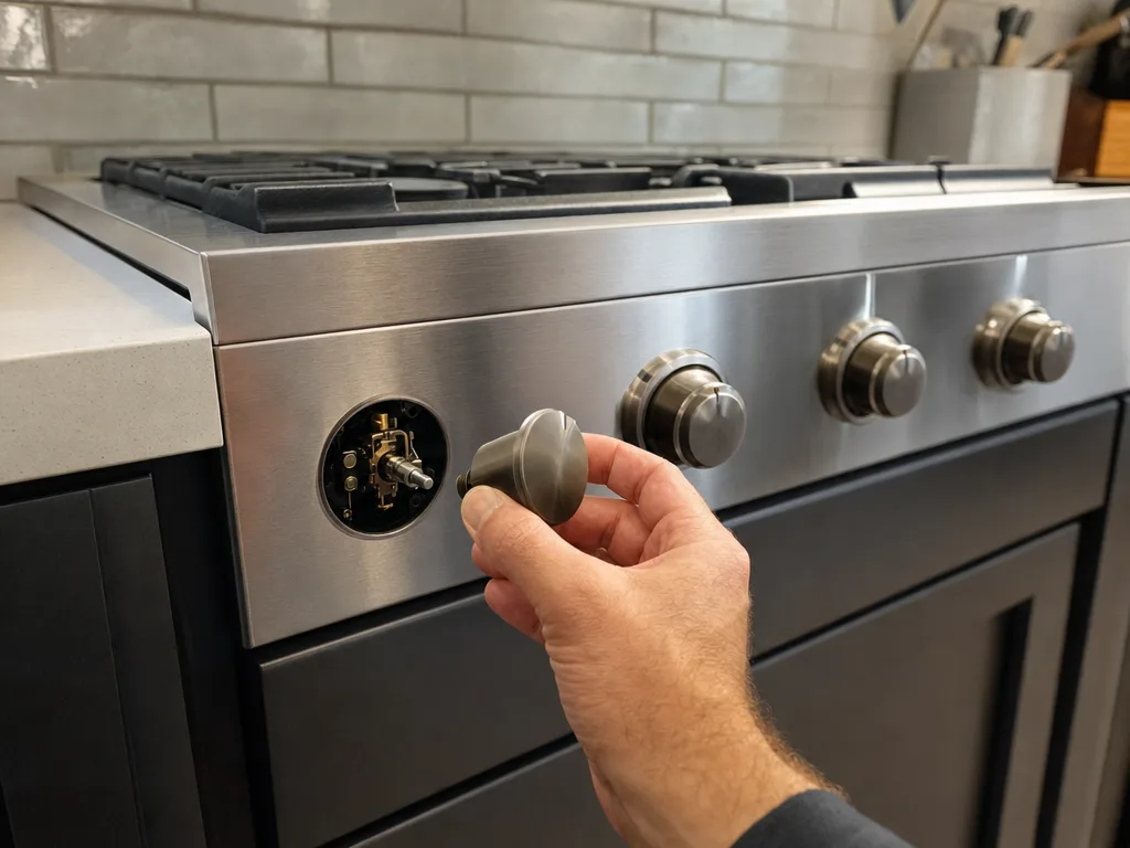Wolf Induction overheat / power-module fault (e/f) &mdash; Technician removing a cooktop control knob for inspection