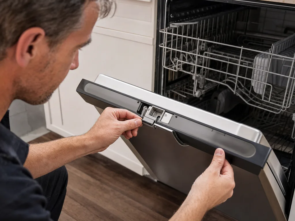Thermador Code E24: Dishwasher Fault &mdash; Technician testing a dishwasher's door latch mechanism