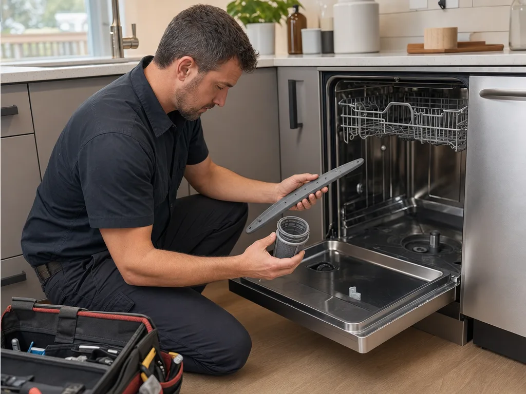 KitchenAid Dishwasher Won&rsquo;t Drain &mdash; Technician inspecting a dishwasher's spray arm and filter
