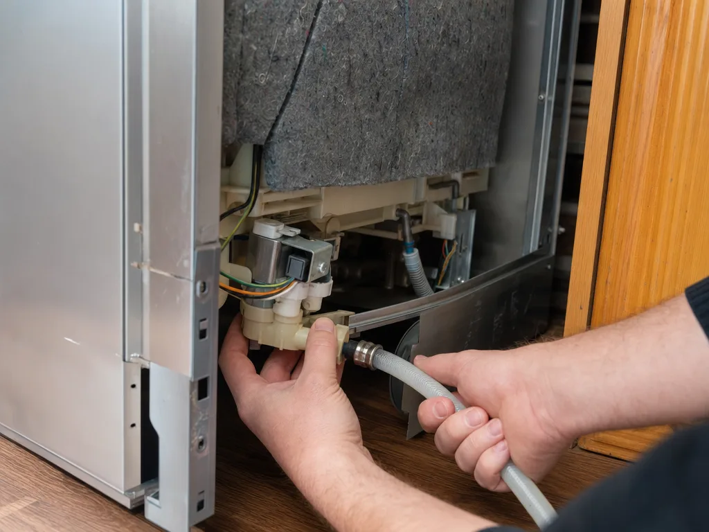 KitchenAid Dishwasher Leaking &mdash; Technician working on a dishwasher's water inlet valve connection