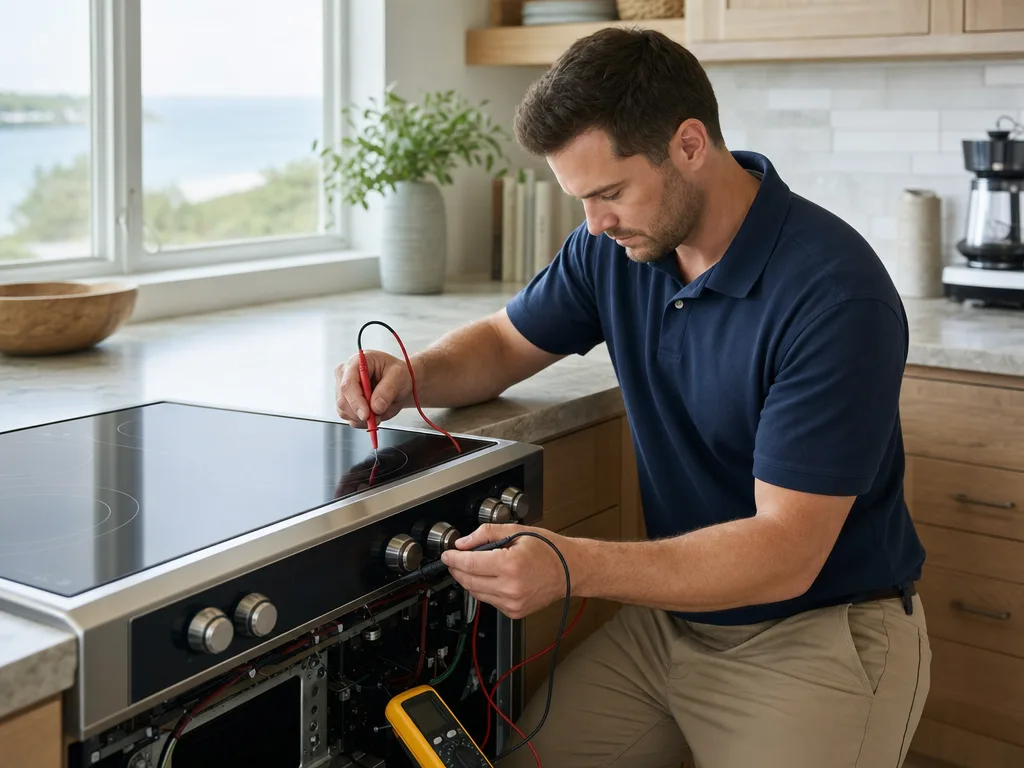 Technician testing a GE Monogram induction cooktop element