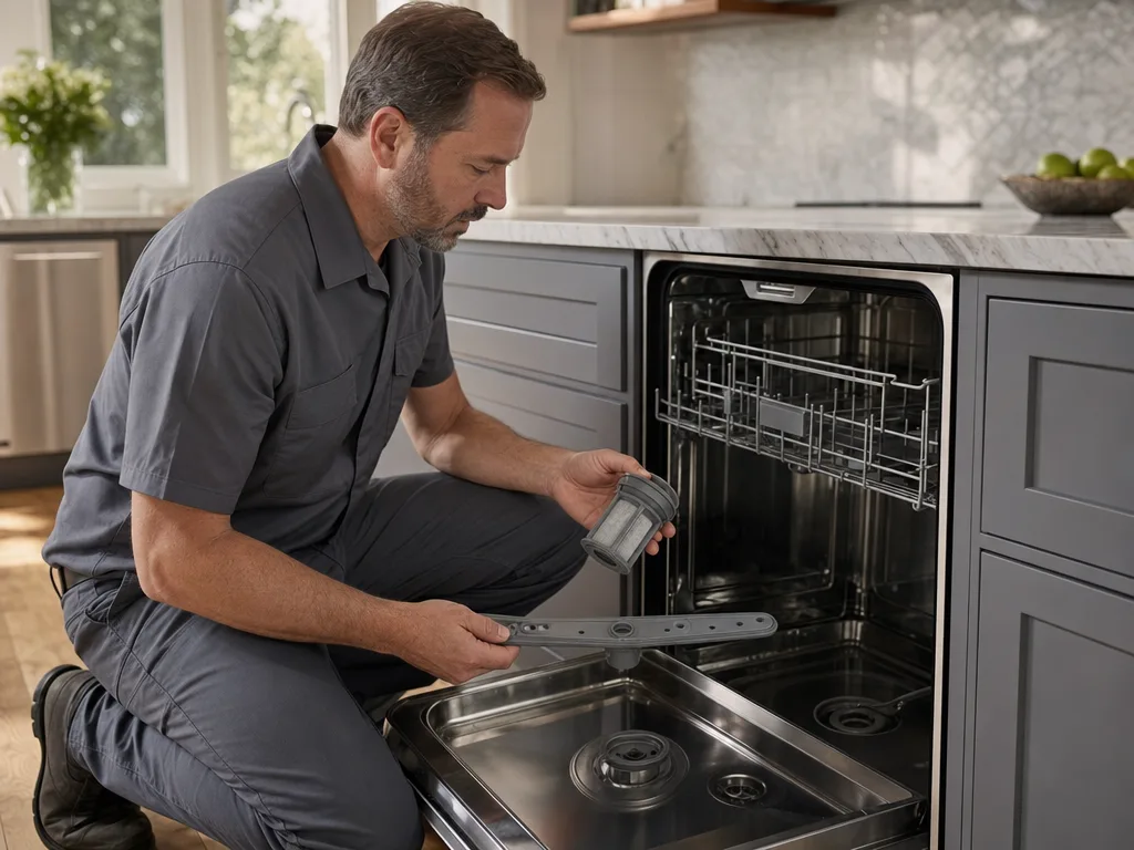 Technician inspecting a GE Monogram dishwasher's spray arm and filter