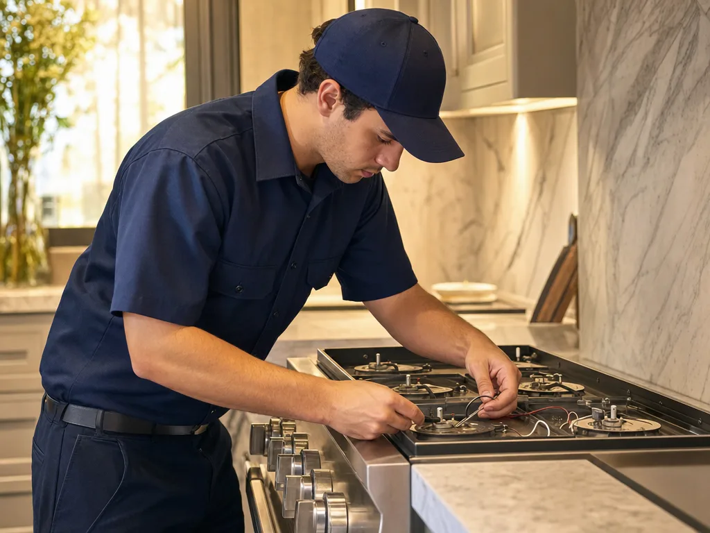 Technician repairing a GE Monogram range's igniter with the burner grate removed