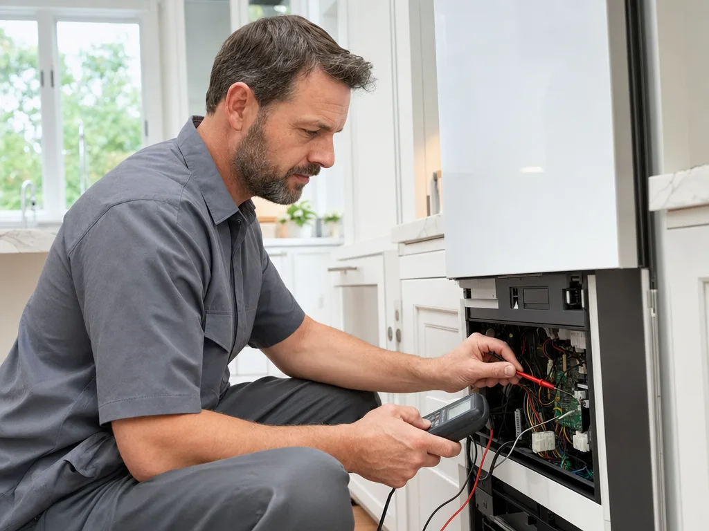 Technician testing a GE Monogram refrigerator's internal control panel and sensor