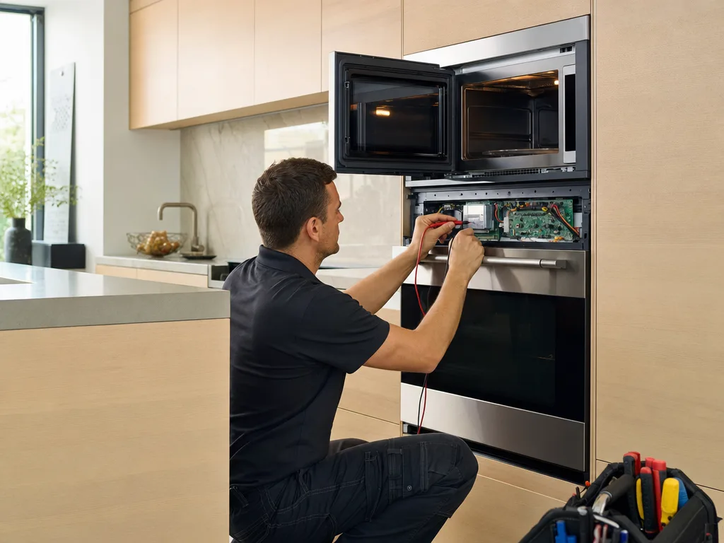Technician servicing a built-in combination speedcook wall oven