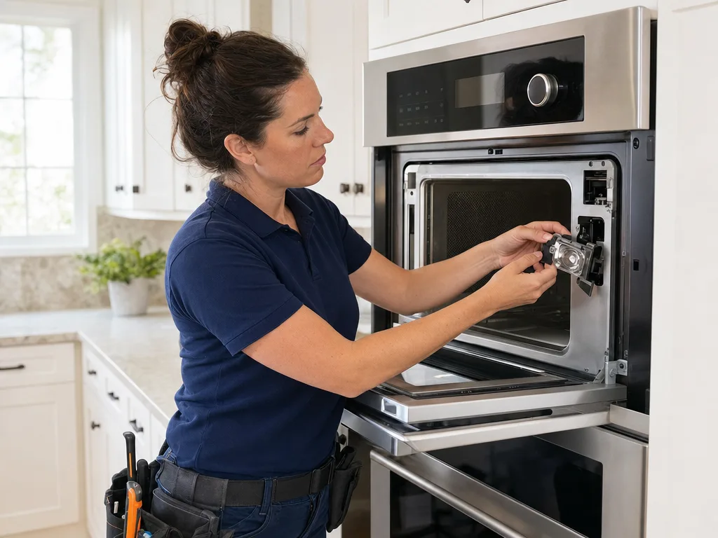 Technician replacing the lamp module in a GE Monogram Advantium speedcook oven