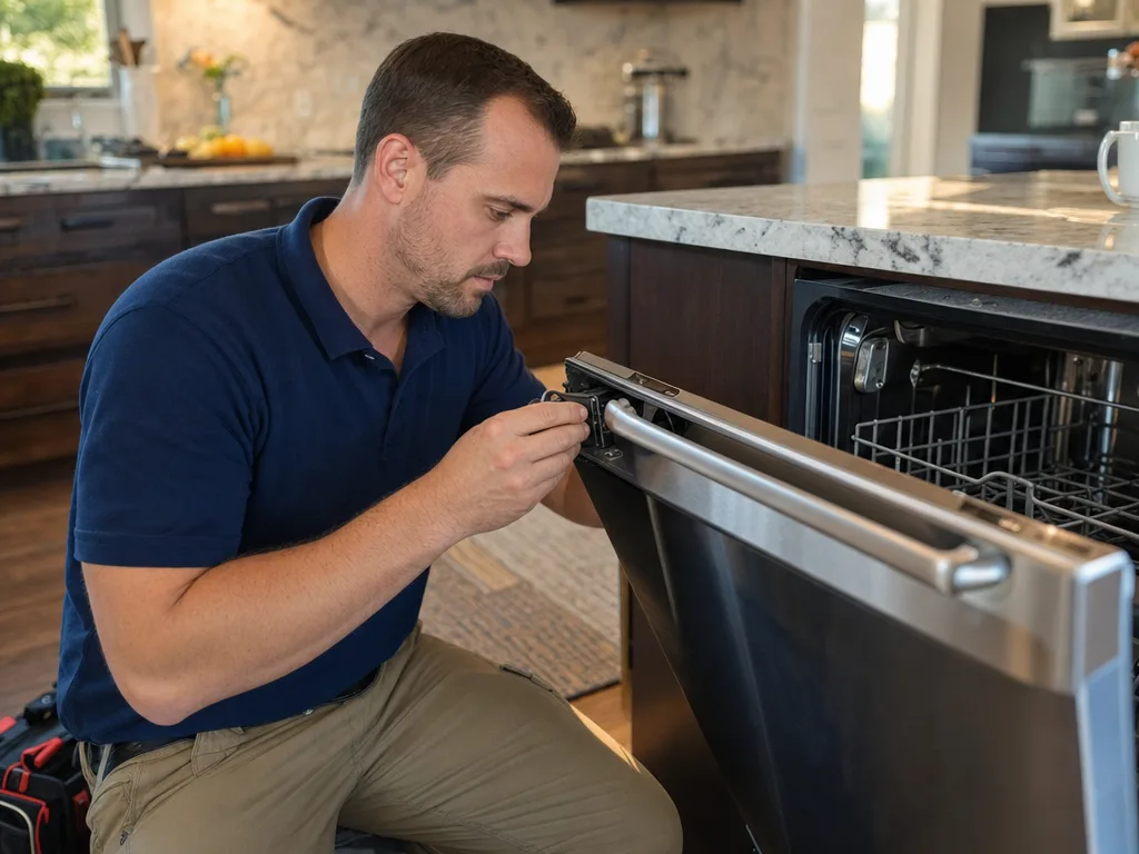 Technician testing a KitchenAid dishwasher's door latch mechanism