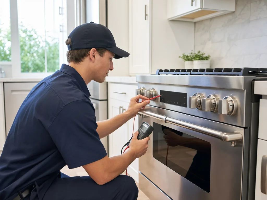 Technician testing a KitchenAid range's control panel and display