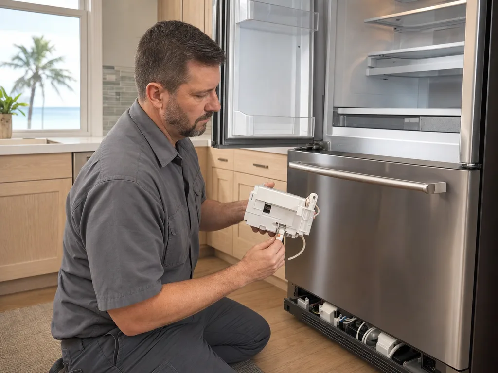 Technician inspecting a KitchenAid refrigerator's ice maker module and water line