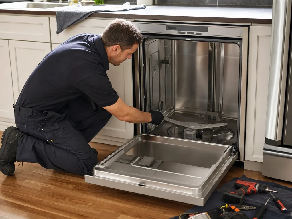 Technician repairing a built-in dishwasher's lower spray arm and filter