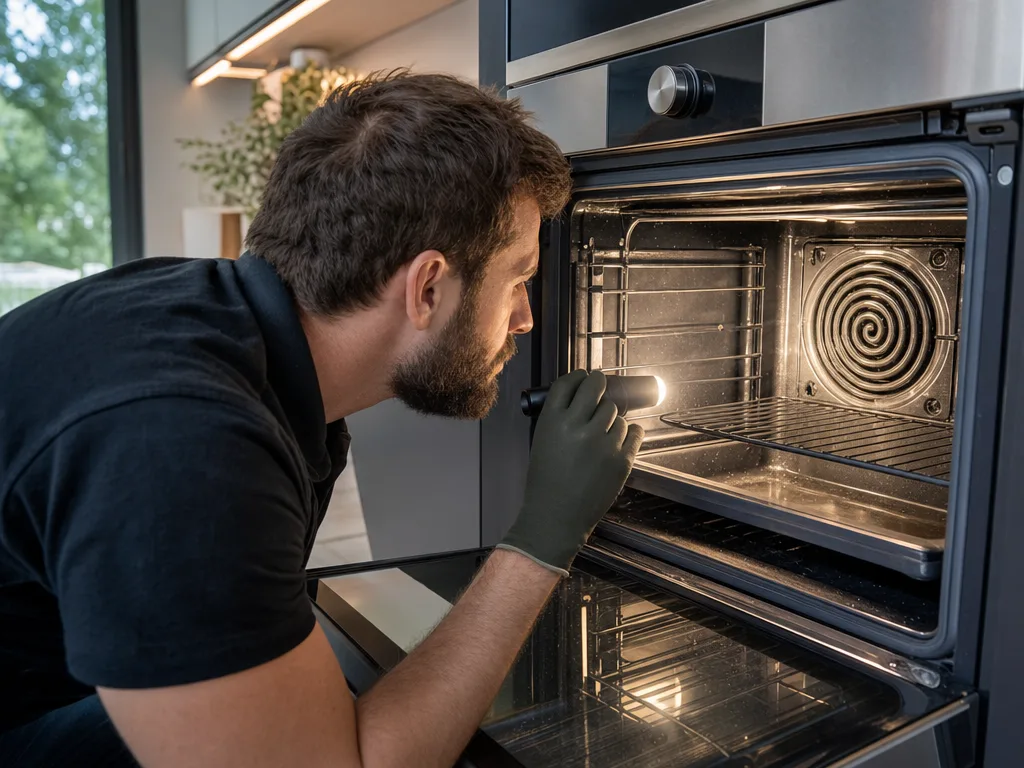 Wolf Door lock fault (self-clean) &mdash; Technician inspecting an oven's heating element with a flashlight