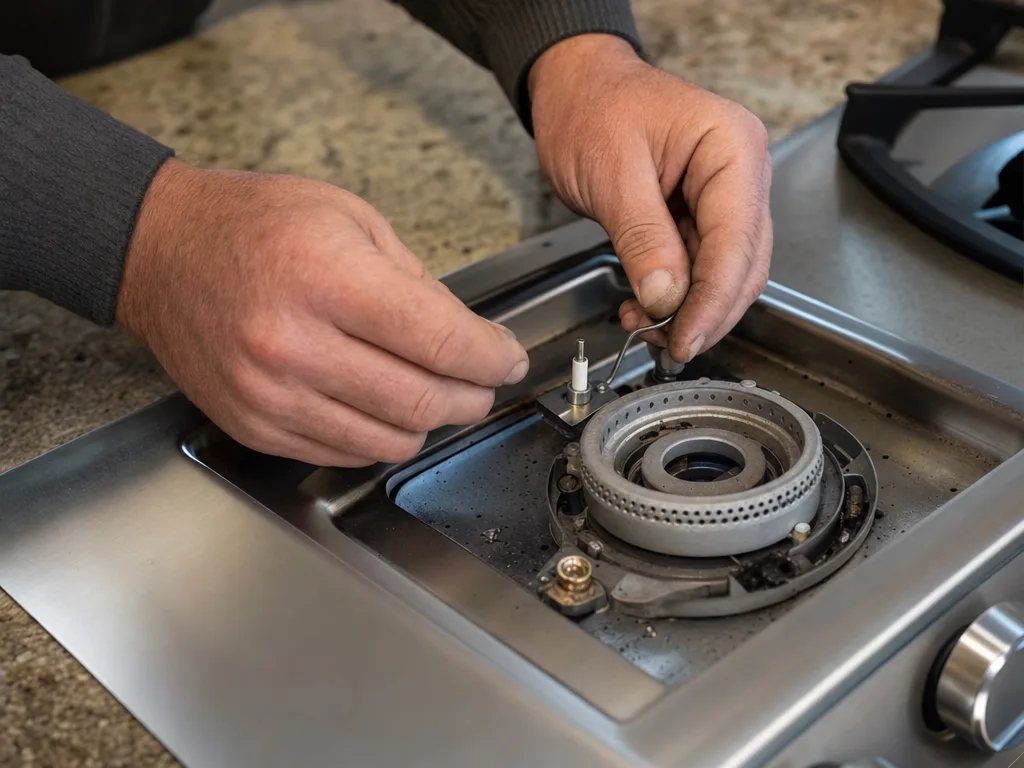 Wolf F-code (oven control fault) &mdash; Technician working on a range burner with the grate removed