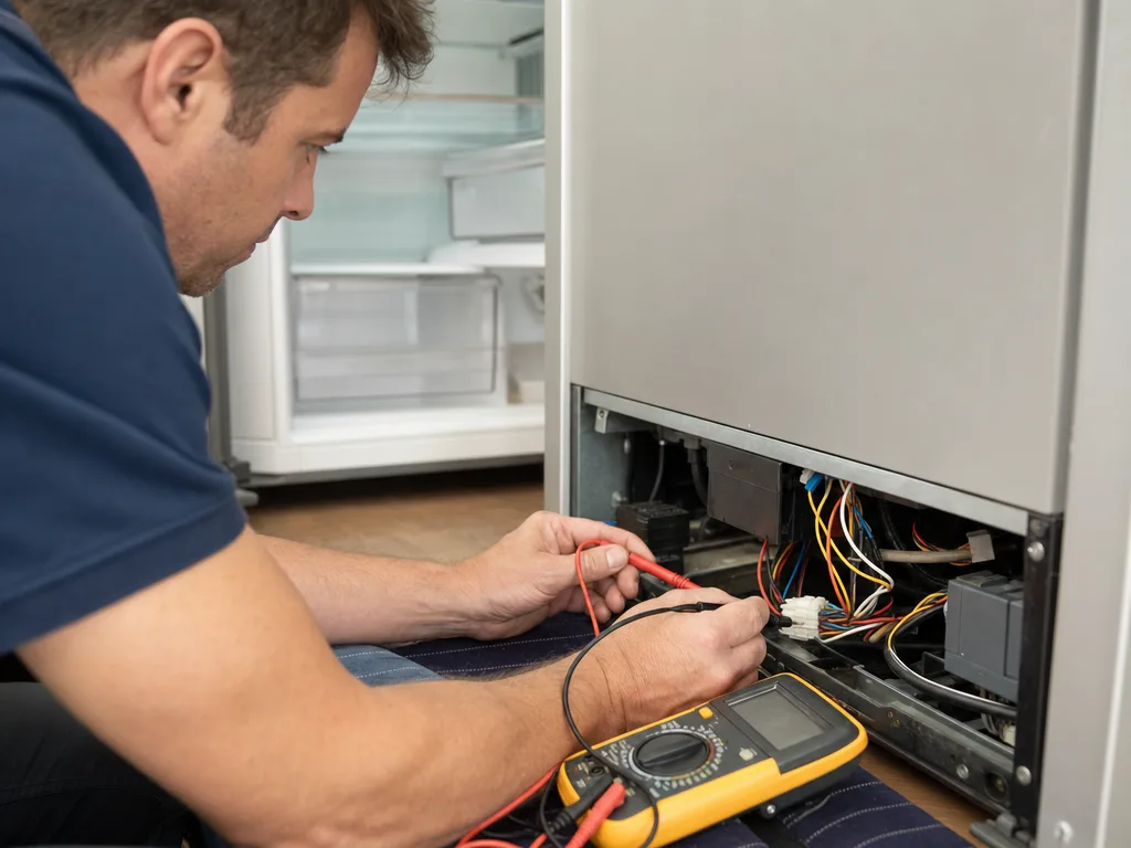 Sub-Zero Leaking Water Inside &mdash; Technician testing a refrigerator's internal control panel and sensor