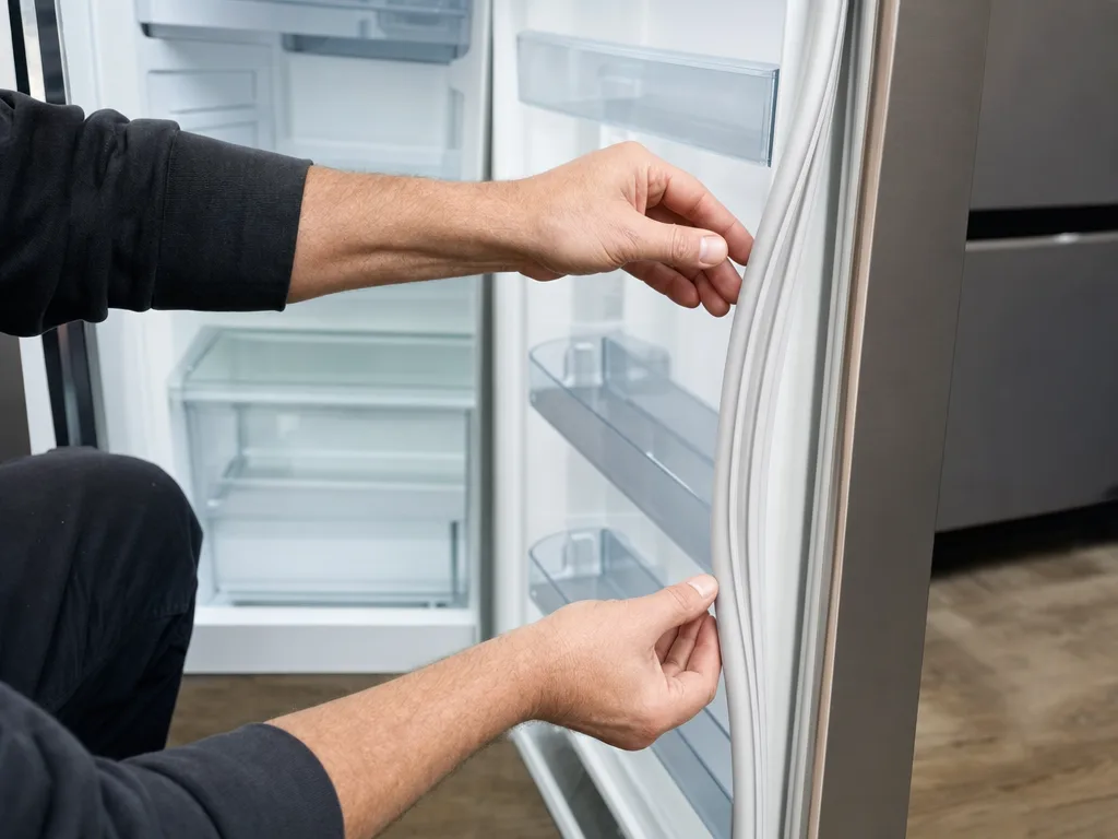 Sub-Zero Freezer Not Freezing &mdash; Technician examining a refrigerator door gasket for wear