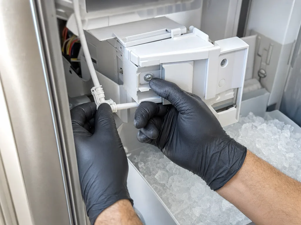 Sub-Zero Code 44 0 00 &mdash; Technician inspecting an ice maker module and water line connection