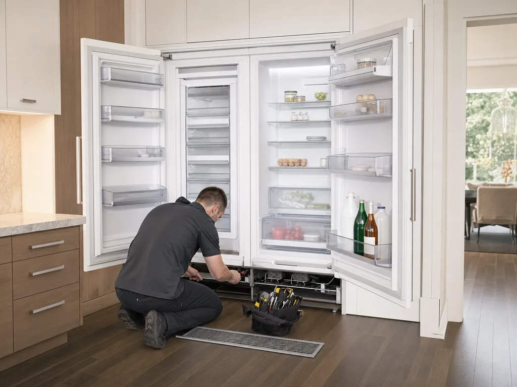 Sub-Zero Ice Maker Not Working &mdash; Technician kneeling in front of a fully open built-in refrigerator