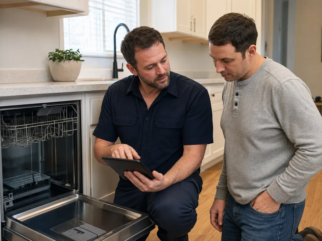 Technician reviewing a repair estimate with a homeowner in their kitchen