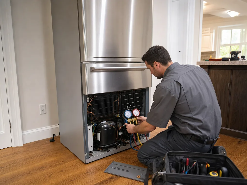 Technician diagnosing a refrigerator's compressor and sealed cooling system