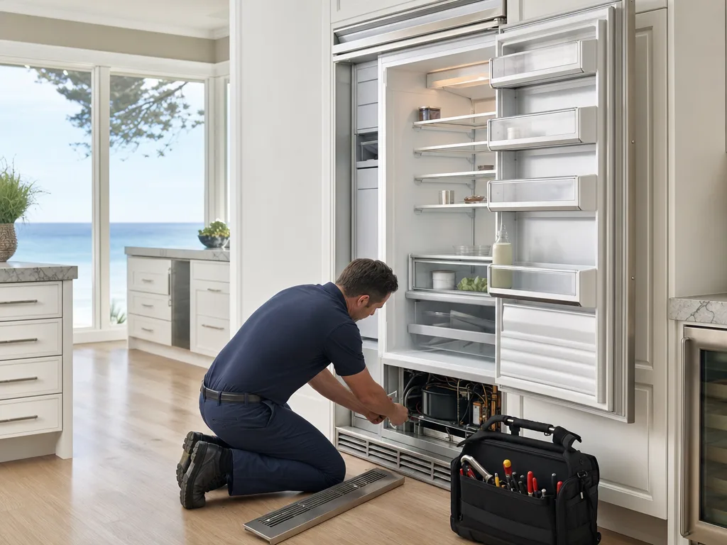 Technician repairing a Sub-Zero built-in refrigerator in an upscale Newport Beach kitchen