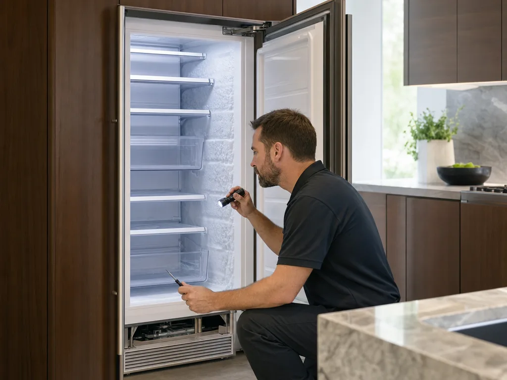 Technician inspecting a built-in freezer column for frost buildup