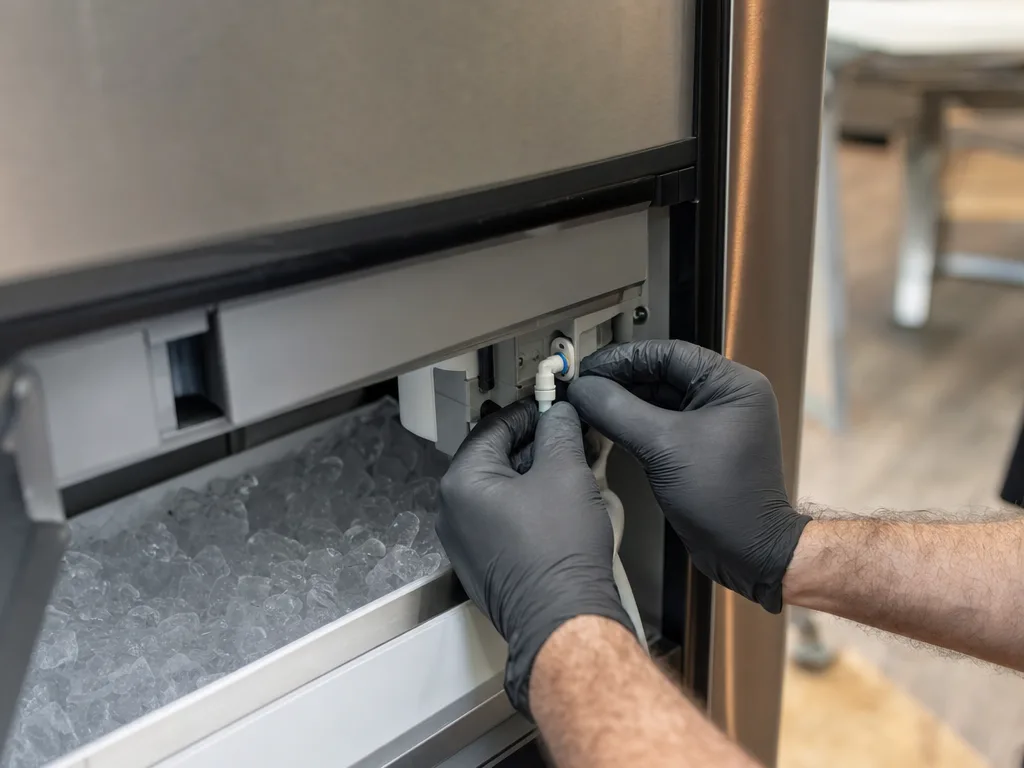 Technician repairing an ice maker's water supply line inside a refrigerator