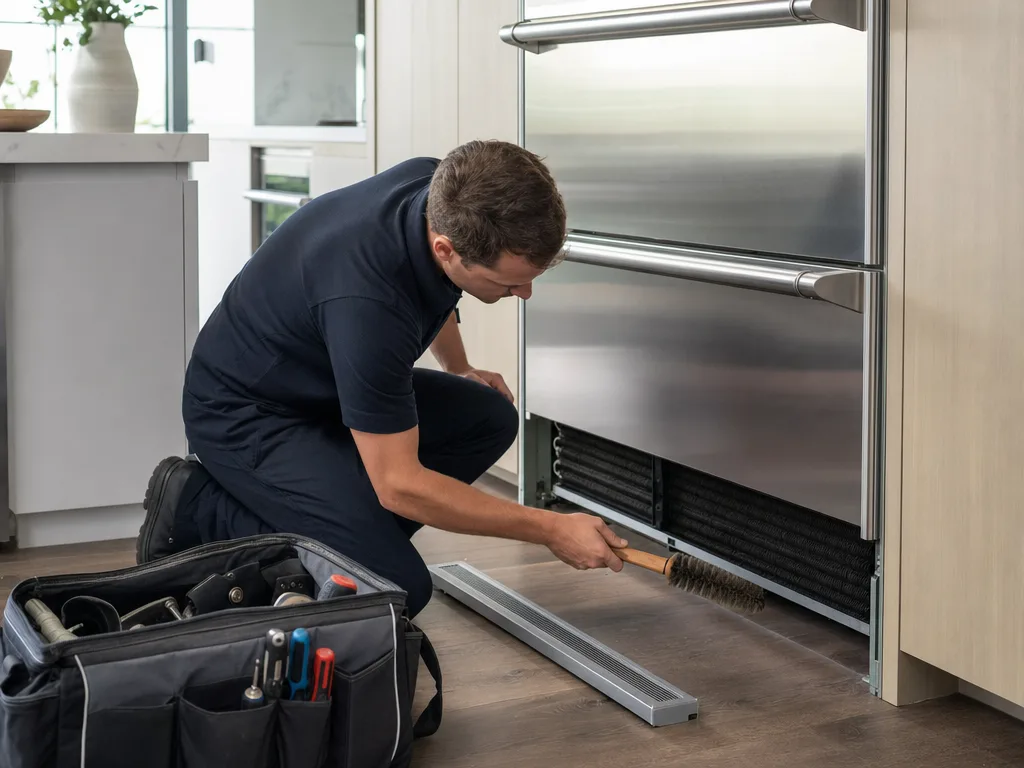 Technician cleaning condenser coils during routine refrigerator maintenance