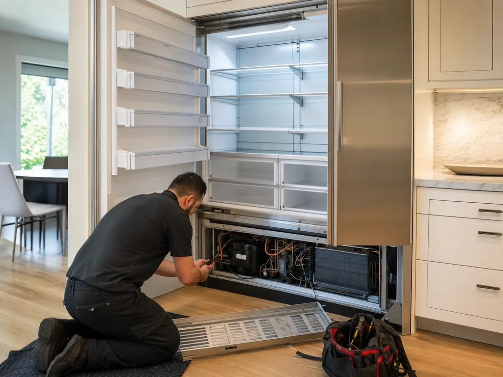 Technician repairing a built-in refrigerator's internal cooling components