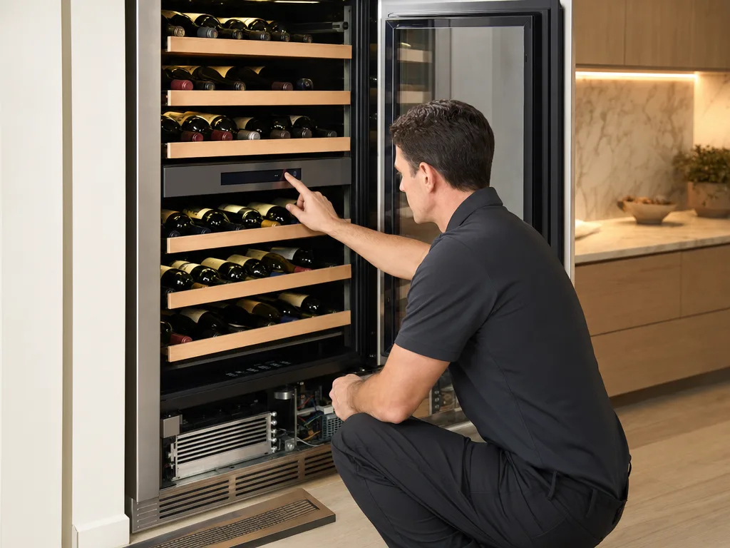 Technician servicing a built-in wine column with bottles visible on the racks