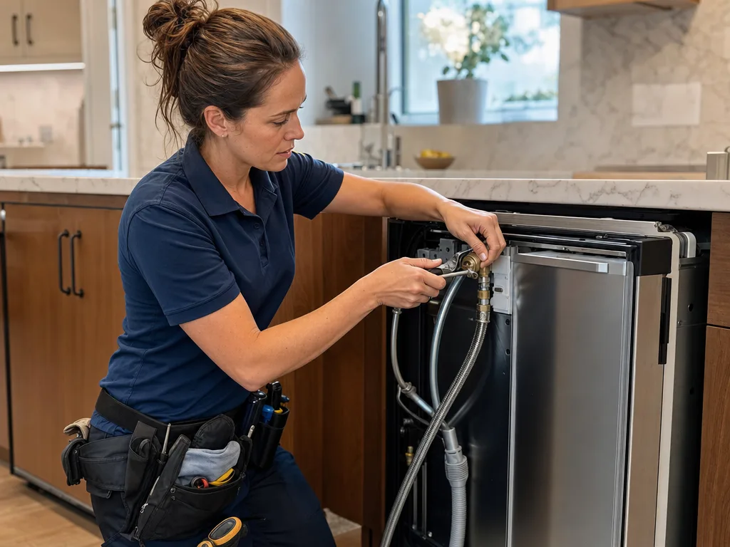Technician working on a Thermador dishwasher's water inlet valve connection