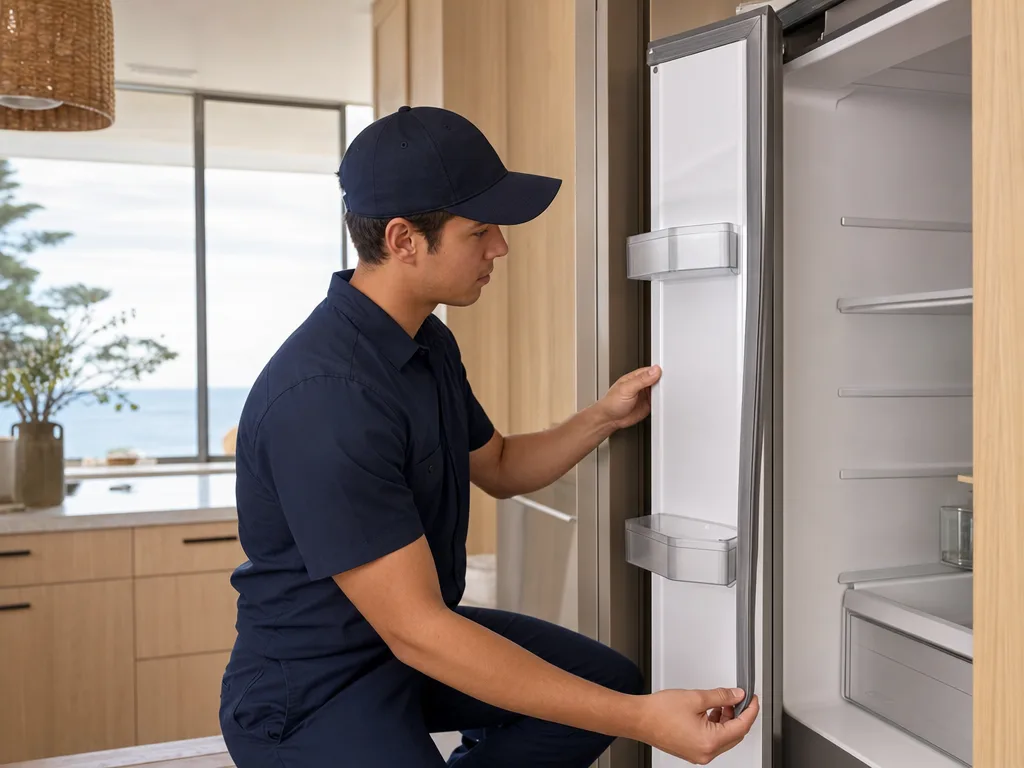 Technician examining a Thermador refrigerator's door gasket seal