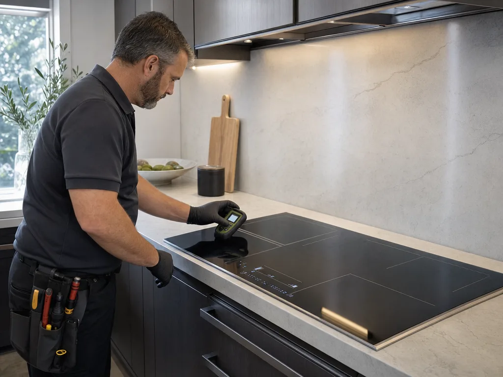 Technician testing an induction cooktop's control panel